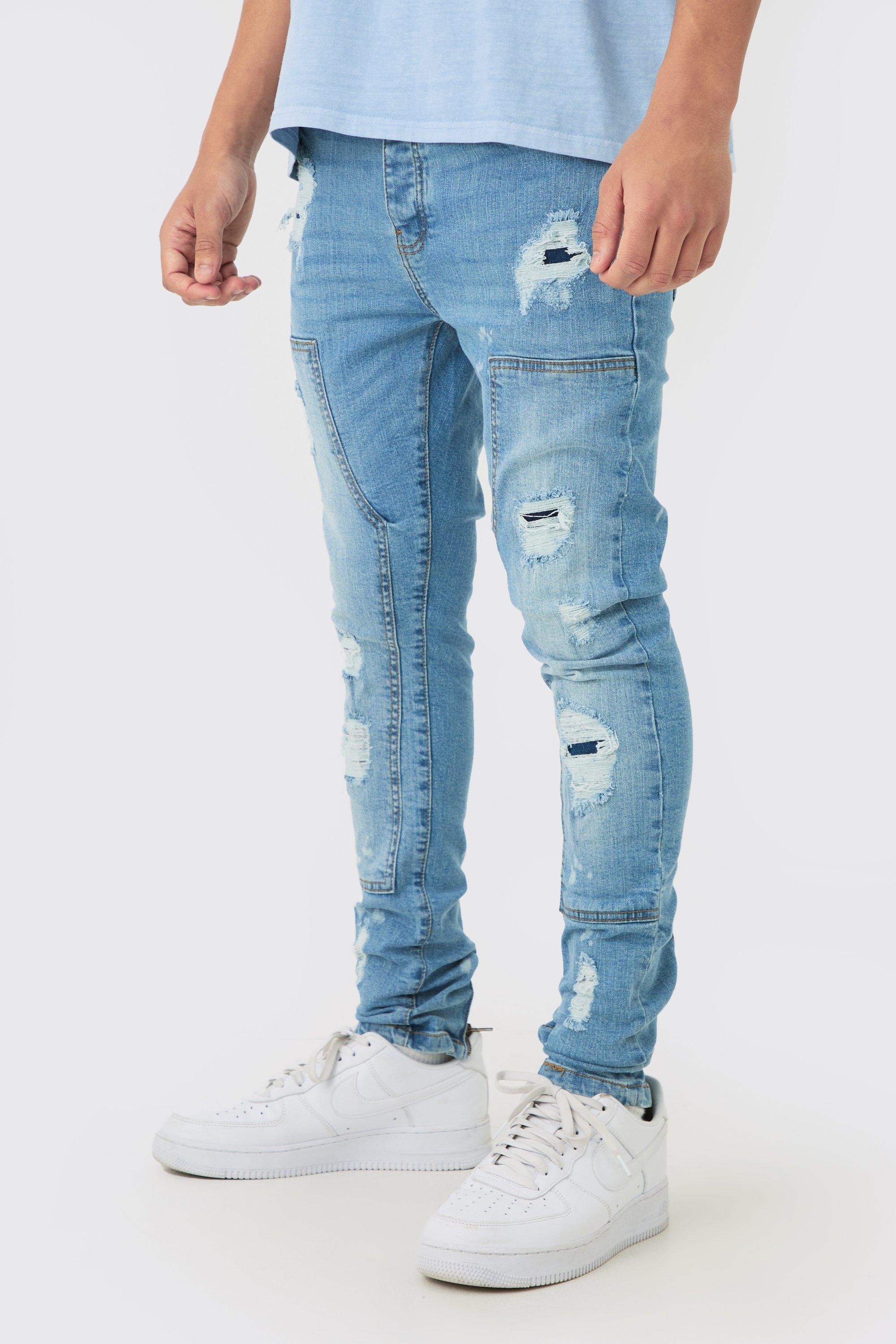 Mens Super Skinny Stretch Carpenter Ripped Jean In Light Blue, Blue